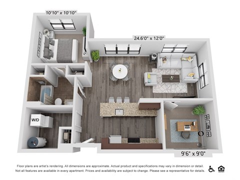 Floor plan for 1 bed, 1 bath, 866 sqft